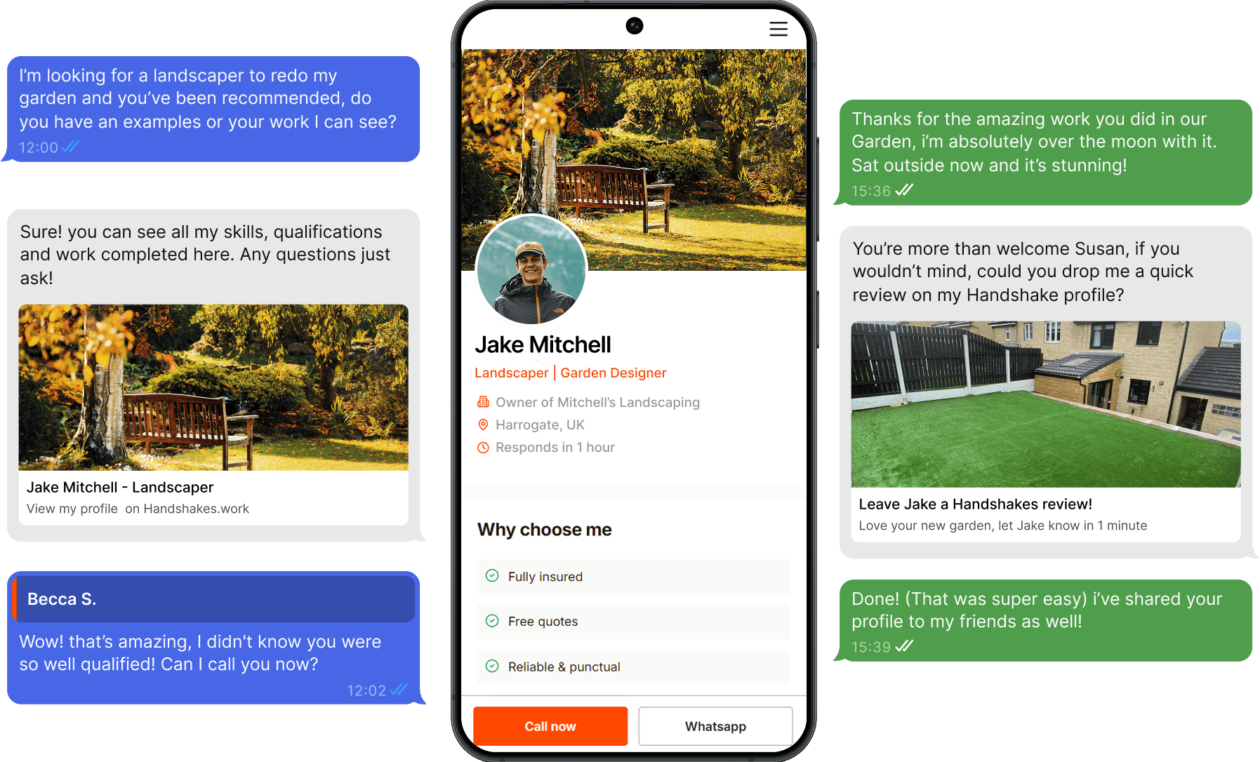 Check My Work profile example showing a tradesperson profile with reviews and messaging